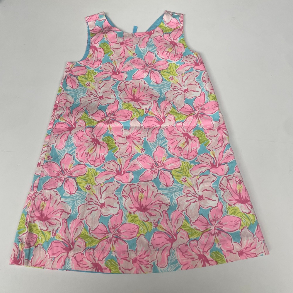 Tommy Bahama Girls Pink Blue Hibiscus Floral Cotton Pique Shift‎ Dress Size 4